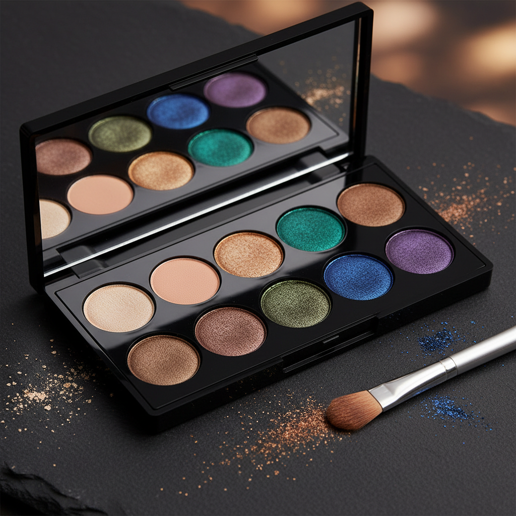 An ultra-close, photographic-realistic shot of an open eyeshadow palette displaying perfectly untouched pans in sophisticated neutral and jewel tones, each with a finely milled, velvety texture. The palette lies on a matte black surface dusted with delicate, intentional pigment fallout forming an abstract, artistic pattern. A silver, tapered blending brush rests diagonally, its bristles softly dipped in a rich bronze shade. Soft directional light from the left creates gentle metallic highlights on shimmery shades and subtle shadows between pans, while the background fades into deep bokeh. Captured from a slightly elevated angle, the composition feels editorial and luxurious, with a calm, focused mood that communicates technical precision and refined artistry.