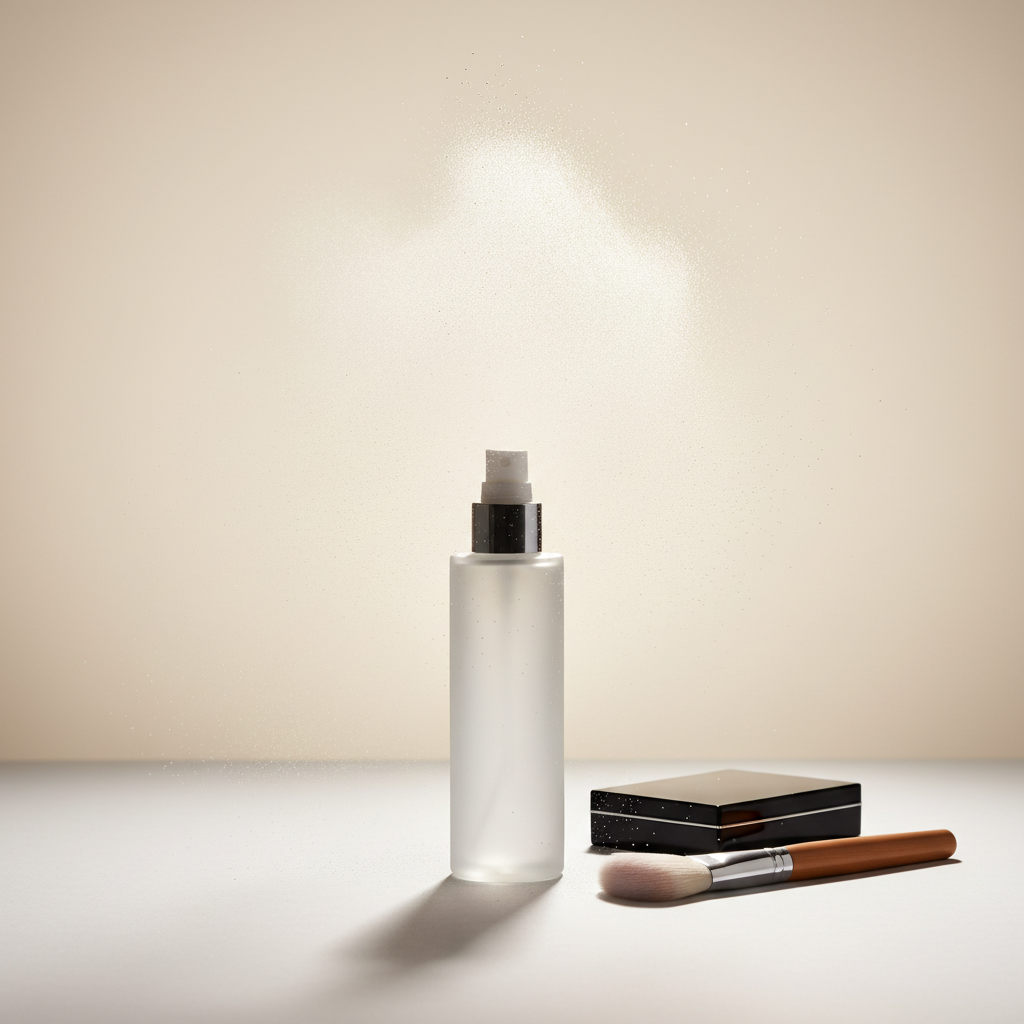 A high-end vanity still life showing an elegant, frosted glass bottle of setting spray mid-mist, captured in photographic realism with ultrafine droplets suspended in the air like a delicate veil. The bottle stands centered on a matte white surface, accompanied by a minimal black compact and a single, angled powder brush lying parallel. The background is a seamless, pale beige studio backdrop, slightly gradient from top to bottom. Directional backlighting and a soft front fill create a glowing halo effect around the mist, casting the faintest shadow beneath the bottle. Shot at eye level with a slightly telephoto lens for compression, the mood is refined, clean, and almost ethereal, symbolizing the finishing touch of professional makeup artistry.
