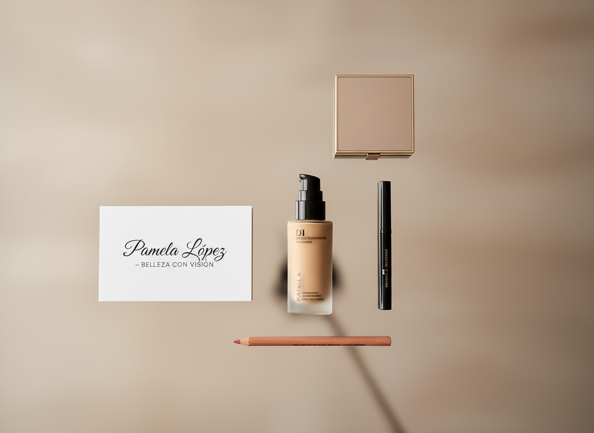 A sleek glass tabletop displaying a curated flatlay of professional makeup essentials: a frosted pump bottle of foundation with clean typography, a precision black liquid eyeliner pen, a finely sharpened nude lip pencil, a matte-finish compact, and a folded white card reading “Pamela López – Belleza con Visión” in elegant lettering. The glass surface reflects each object with controlled clarity. Behind, out-of-focus, a gradient backdrop transitions from soft beige to warm taupe. Gentle, diffused studio lighting eliminates harsh shadows, creating a polished, high-end catalog feel. Photographic realism with a top-down, bird’s-eye composition and meticulous spacing conveys order, strategy, and a modern, minimalist professionalism ideal for a portfolio hero section.