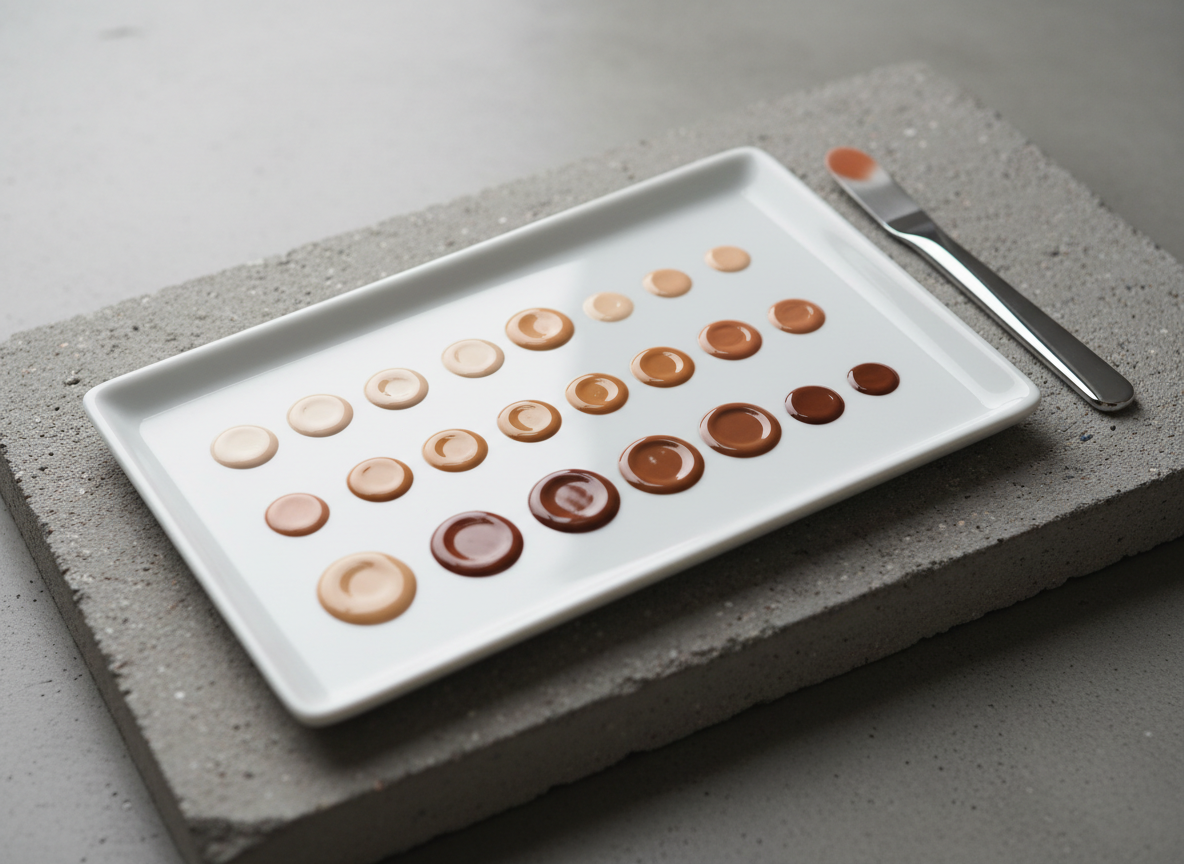 A pristine white porcelain makeup mixing palette with a smooth, glossy finish sits atop a textured concrete surface in cool gray. On the palette, carefully placed dots and streaks of foundation, concealer, and cream blush in a spectrum of realistic skin tones create an intentional gradient from very fair to deep rich hues. A stainless steel spatula with a refined, mirror-like edge rests beside the colors. Soft, indirect daylight from a nearby unseen window washes the scene, producing delicate highlights on the creamy textures and subtle shadows in the palette’s edges. Shot from a slightly angled overhead viewpoint in photographic realism, the composition is minimal yet impactful, projecting inclusivity, technical expertise, and thoughtful artistry.