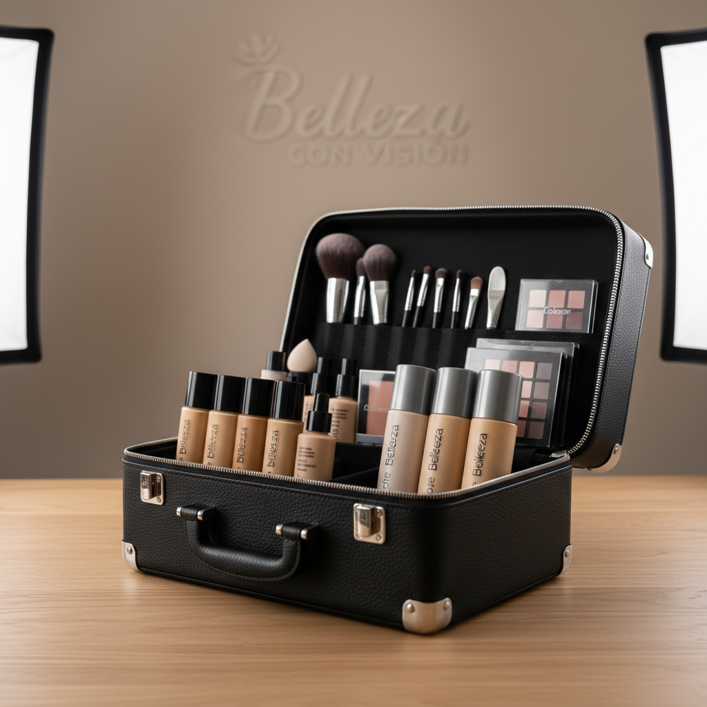 An immaculate black leather makeup artist’s case, slightly open to reveal neatly organized compartments filled with pristine, labeled products: foundations, setting sprays, palettes, and sanitized tools in clear acrylic holders. The case rests on a smooth, light wood surface in a minimalist studio space. In the softly blurred background, a neutral-toned wall features a subtle, out-of-focus logo reading “Belleza con Visión.” Balanced, soft-box studio lighting from both sides highlights textures of leather, metal zippers, and product packaging without glare. Photographic realism with a three-quarter angle view and moderate depth of field emphasizes structure and readiness. The mood is confidently professional and reliable, ideal for showcasing behind-the-scenes preparation in a portfolio context.