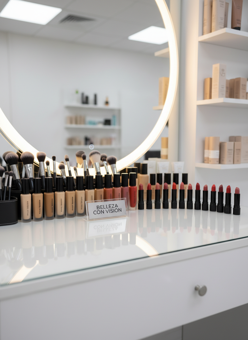 A meticulously arranged professional makeup station featuring an array of high-end brushes with sleek black handles and ultra-soft bristles, pristine glass bottles of foundation in a precise gradient of skin tones, and satin-finish lipsticks standing upright like a color spectrum. Everything rests on a spotless white lacquer vanity with a subtle glossy reflection. Behind, a large frameless mirror reflects softly blurred shelves of organized products. Cool, diffused studio lighting from above and warm sidelights around the mirror create balanced, flattering illumination with gentle shadows. Photographic realism at eye-level, with a shallow depth of field emphasizing the tools’ precision. The mood is elegant, organized, and confidently professional, evoking the tagline “Belleza con Visión” through a clean, modern aesthetic.