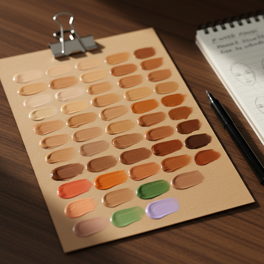 A detailed close-up of a professional color chart for makeup, displayed as neat swatches of liquid foundation, cream contour, and correctors painted in parallel lines on a smooth, warm-toned cardstock. Each stripe shows realistic texture, from dewy to matte, with subtle undertone variations. The chart rests on a walnut wood desk, beside a metallic clip, a fine-tip black marker, and a small, open notebook with softly blurred handwritten notes. Natural afternoon light from the right casts warm, gentle shadows and brings out the depth of each pigment. Photographic realism, captured from a slightly oblique overhead angle, creates a studious, methodical mood that conveys strategic, knowledgeable approach to beauty and complexion work.
