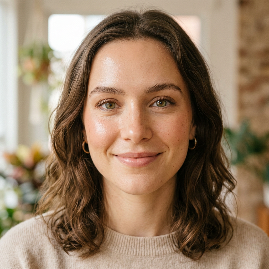 Young woman smiling indoors with curly brown hair and gold hoop earrings